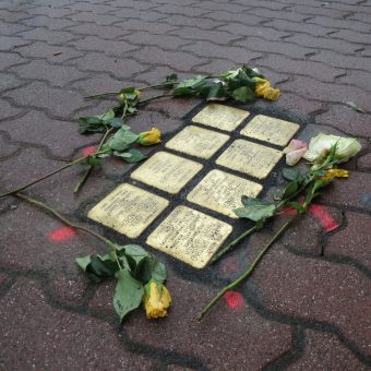 acht Stolpersteine met bloemen